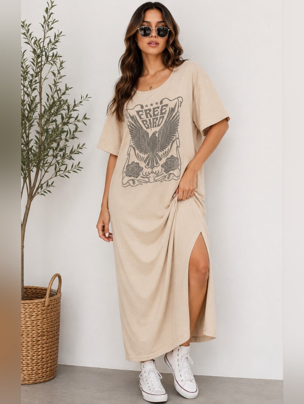 Zutter "Free Bird" Graphic Maxi T-Shirt Dress – Sand Beige
